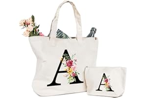 SINEKONG Letras Personalizadas Bolsa de Lona, Bolso Tote de Mujer con Inicial y Flores Bolsa de Compras con Bolsillo Interior Alfabeto Bolso de Cosméticos Regalos para Damas Amigas Mamá Regalo Cumpleaños(A)