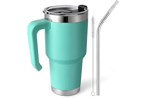 EQARD Mug Isotherme Cafe avec Paille Poignée Tasse de Voyage avec Couvercle étanche Gobelet en Acier Inoxydable avec Brosses Thermos Cafés pour Chaud ou Glacé Tous Sans BPA