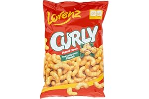 LORENZ SNACK-WORLD ROHSCHEIBEN Lorenz, Curly Classic, Snack di Mais con Pasta di Arachidi, Cornetti al Gusto di Arachidi, Croccanti all'Esterno, Snack Salato non Fritto e Vegano, 1 Confezione da 120gr