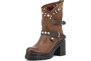 QUEEN HELENA Stivaletti Bassi Stivali di Pelle con Tacco Plateau Borchiati con Fibbia di Pelle Donna QH21-S-80