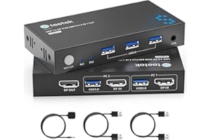STEETEK 8K Displayport KVM Switch 2 PC 1 Monitore 8K@60Hz 4K@144Hz, Dual Computer KVM Switch with 3 USB 3.0 Port für 2 PC teilen Maus-Tastatur,Kommt mit Tastatur-Fernbedienung und Kabel