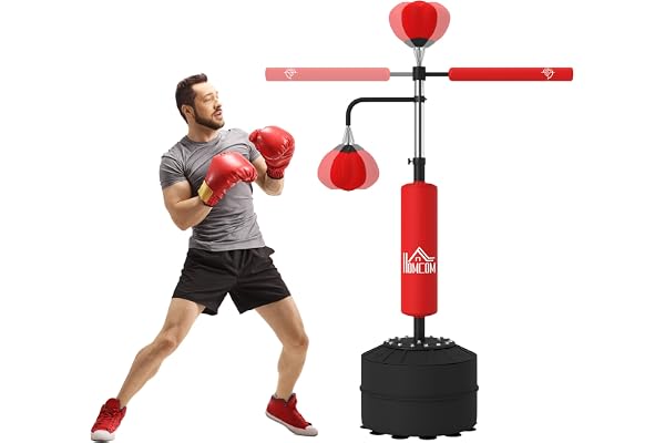 HOMCOM Sac de Frappe sur Pied 4 en 1, Punching Ball Autonome 2 balles de Vitesse Barre rotative 360° Hauteur réglable 160-230 cm, Sac de Boxe pour Adultes, pour Boxe Muay Thaï Taekwondo