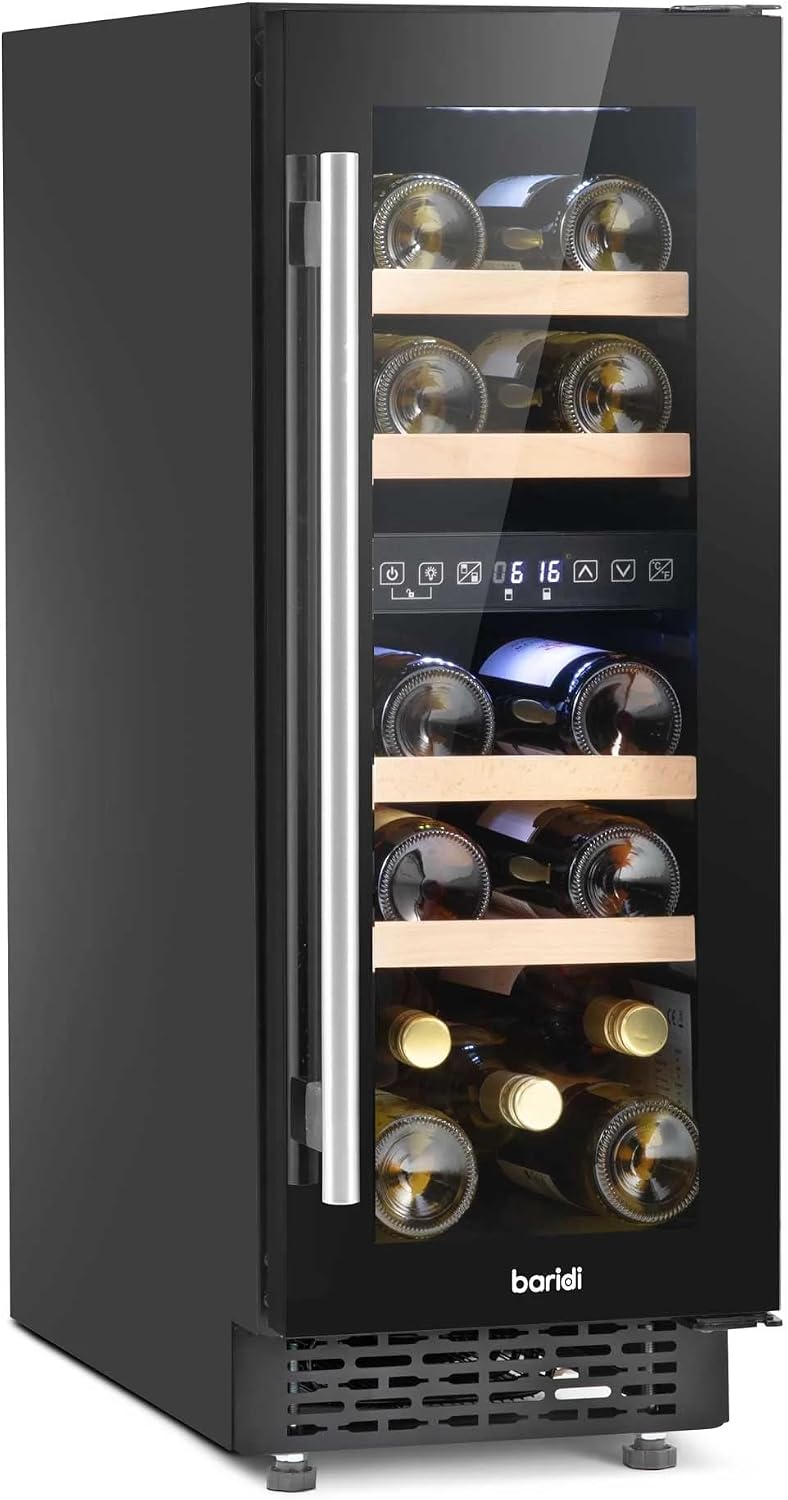 Baridi 17 Bottle Dual Zone Slim Built-In 30cm Wine Cooler, Touch Screen Controls, Wooden Shelves, LED, Black - DH204