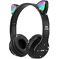 Megadream Kids Wireless Headphones, Bluetooth Over Ear Headsets Cat Ear LED Light Child Headset TF Card/Wired Foldable Earphones for Girls Boys Gift (Black)
