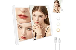 Amlope Espejo de Maquillaje con Tirar y Empujar con Aumento 1X/5X/2X Espejo para Maquillarse Maquillaje con Luz Espejo Cosmético con LED Recargable por USB Brillo Ajustable 3 Colores(Blanco)