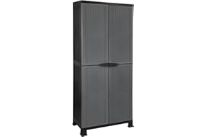 GH91 GARDEN HOUSE GARAGE 91 7house - Armario de Resina Alto Almacenaje con Escobero, Exterior e Interior, Jardín y Terraza, 4 Baldas, 2 Puertas, Dimensiones 39x68x171cm (Largo x Ancho x Alto), Gris o Negro