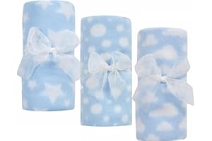 SMARTRICH BBsky Set of 3 Baby Boy Girl Unisex Newborn Super Soft Fleece Blankets, Multi Purpose Patterned Crib Car Moses Pram Seat Stroller Cover Travel Home or Just for Gift Idea (Blue)