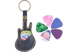 KINGPOINT Custodia portachiavi per plettri chitarra, a forma di chitarra, in pelle, con 5 plettri in regalo, Guitar Pick Case-Black
