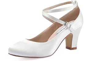 Duosheng & Elegant Brautschuhe Geschlossene Ivory Krause Riemchen Blockabsatz Pumps für Damen HC1808 Satin Hochzeit