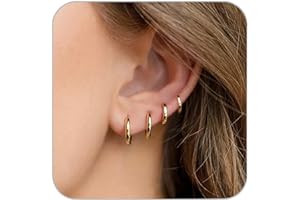 HANDMADE 4Pairs Small Hoop Earrings for Women, Dainty 14K Gold Plated Huggie Hoop Earrings Hypoallergenic Lightweight Cartilage Earrings Set for Multiple Piercings for Sensitive (6mm 8mm 10mm 12mm)