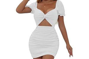 Belriviere Womens Sexy Mini Dress Bodycon Ruched Cutout Puff Sleeve Twist Front Short Dresses for Party Night Out Clubwear