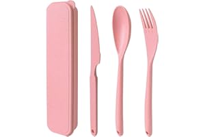 NOEWMUB Extra Large Travel Utensils with Case, Reusable Plastic Cutlery, Travel Cutlery Set, Flatware Set for Travel Work School Picnic Camping or Daily Use (Large Pink)