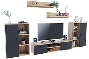 MATKAM Set di mobili da salotto Herkules, 5 pezzi, 1 mobile TV H35 x 150 x 40 cm, 2 cassettoni per soggiorno H100 x 80 x P30 cm, 2 mensole sospese, 20 x 100 x 20 cm (Artisan Rovere, Nero)