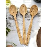 F&S WoodArt 3 Adet Edremit Zeytin Ağacı Doğal Ahşap El Yapımı Tahta Kaşık Yemek Kaşığı 29 Cm Tencere Kaşığı
