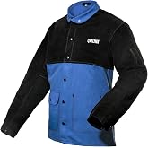 QeeLink Welder Jacket with Split Leather Sleeves | Flame Retardant Cotton Welding Jacket, Blue and Black