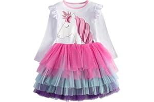 VIKITA Vestido Patrón de Mariposa Unicornio Algodón Tulle Tutu Manga Larga Niñas 2-8 Años