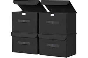 Homsorout Aufbewahrungsboxen mit Deckel - 4er Set Aufbewahrungskorb Stoff Faltbare Aufbewahrungsbox mit Transparentem Sichtfenster, 38 x 25 x 25 cm Faltbox für Kleidung, Würfelregal, Schwarz