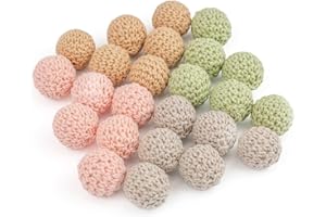 ARTLATU 24stk Häkelperlen Bunt 20mm Gehäkelt Holzperlen Runde Gehäkelte Perlen mit Loch zum Auffädeln Handgefertigt Natur Holzkugeln für DIY Schmuck Dekorationen Halskette Armband (20mm-24a)