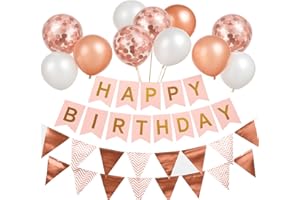 Buygain Happy Birthday Banner and Bunting, Rose Gold Birthday Decoration 12inch Balloons, Ribbons and Birthday Banners, Wall Hooks, A Perfect Happy Birthday Decorations.