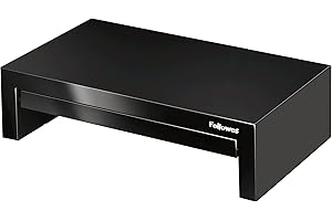 Fellowes Designer Suites stojak na monitor, 3 regulowane wysokości, stojak na biurko, z miejscem do przechowywania, ergonomiczny stojak na komputer do laptopów, komputerów, iMac, PC, notebooków, maksymalna waga 18 kg, czarny