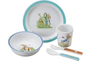 PETIT JOUR PARIS PETIT JOUR - Coffret Cadeau 5 Pièces Pour Enfant 6Mois+ - Mélamine - Sans BPA - Assiette 18cm, Timbale 160ml, Bol 250ml, Set De 2 Couverts 14cm - Lavable Au Lave-Vaisselle - Pierre Lapin - Bleu