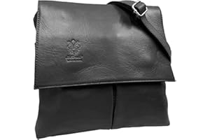 LeahWard Womens Double Pocket Messenger Bag, Genuine Italian Soft Leather Cross Body Shoulder Bag Handbag (Black)