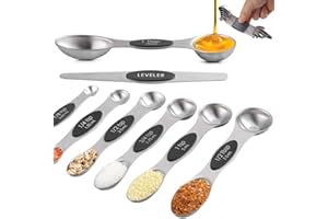 Magnetic Measuring Spoons Set of 8, TKNO Dual Sided Stainless Steel Stackable Teaspoon Tablespoon with Scale and Leveler, Fits in Spice Jars for Measuring Dry and Liquid Ingredients