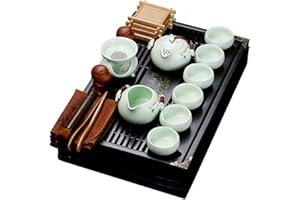 fanquare Chiński ceramiczny zestaw do herbaty kung fu z tacą do herbaty i małymi narzędziami do herbaty, porcelanowy serwis do herbaty, jasnozielony