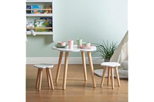 Haus Projekt Set Tavolo Rotondo con 2 Sedie in Legno a Forma di Nuvola (3-8 anni) Tavolino Bianco con 2 Sgabelli Set Mobili in Legno per Bambini, Set Tavolo e Sedia Bambini, Cloud table & stools