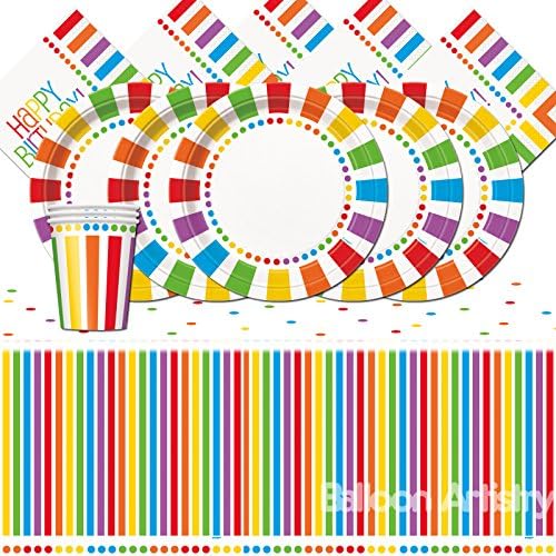 Rainbow Party Colourful Childrens Happy Birthday Party Tableware Pack For 16 People