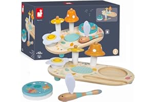Janod - Table Musicale Pure en Bois - Jouet en Bois d'Éveil Musical - Avec Cymbale, Cloche et Tambourin Amovible - Peinture à l'Eau - de 3 à 8 Ans, J05164