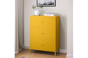 skølm Atriona Metall Kommode – Sideboard mit 3 Fächern & 6 Türen – Metallschrank in Senfgelb – Mehrzweckschrank – Highboard 80 cm breit – höhenverstellbare Füße – Aufbewahrungsschrank – Flurschrank