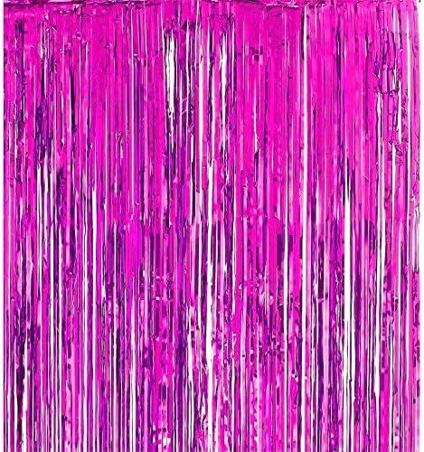 Weeshare Hot pink 3.2 ft x 9.8 ft Metallic Tinsel Foil Fringe Curtains for Party Photo Backdrop