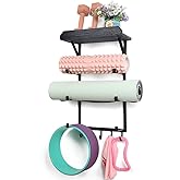 2 Pack Yoga Mat Holder Wall Mount Yoga Mat Storage Shelf Rack Home Gym Accessories With Wood Floating Shelves And 4 Hooks For Hanging Foam Roller And Resistance Bands Home Gym Carbonized