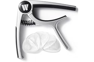 WINGO Capodastre pour guitare acoustique et électrique, ukulélé, mandoline, banjo – Argenté avec 5 médiators antidérapants