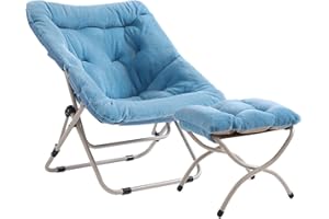 SESHINELL Comfy Saucer Chair with Ottoman, Oversized Foldable Faux Fur Accent Lounge Reading Lazy Chair with Metal Frame for Bedroom, Living Room, Dorm Rooms, Blue