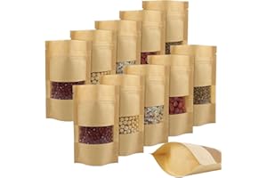 ANZOAT 150Pcs Kraftpapier Tüten mit klarem Fenster,9cm*14cm Standbeutel aus Kraftpapier,Braun Wiederverwendbar Kleine Papiertütchen für Nüsse, Kaffeebohnen, Teeblätter, Gewürze