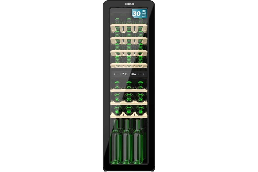 Cecotec 30 Bottles Bolero GrandSommelier Origin Duo 30 Hit Black Retro Wine Cellar, Black, 30 Bottles, Double Temperature Zone 5-12ºC and 12-20ºC, NoFrost, LED, Shelves in