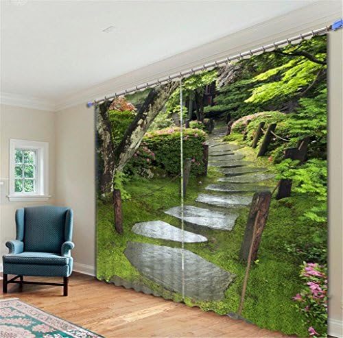 KKLL 3D Curtains Polyester Green Landscape The tracks Stone road Printing fabric Blackout Noise Reducting Bedroom Window Drapes Individuality Panel Curtain , 2 , wide 2.64x high 2.13