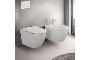 INBAGNO Set Sanitari Vaso + Bidet Sospesi, Rimless, Colore Bianco, Design Moderno, Completo di Copriwater con Chiusura Soft-Close