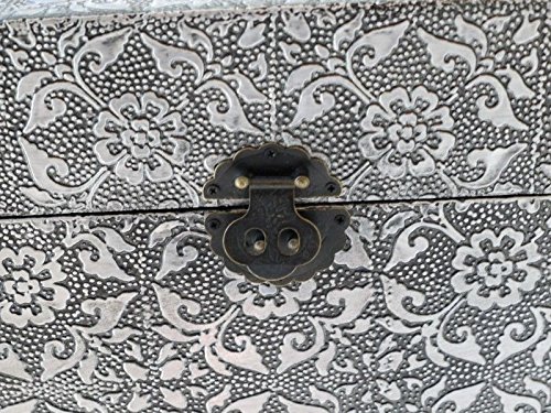 S/3 Antique Vintage Silver Metal & Wood Embossed Storage Boxes Trunks Chests