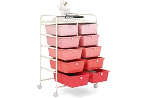 COSTWAY Carrito Auxiliar con Ruedas, Carro Almacenaje con 10 Cajones Grandes y Apilables, Carrito Organizador con Ruedas Bloqueables de Marco de Metal para Cocina Oficina (Rosado)