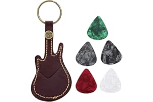 Joyzan Púas de Celuloide, Portátil Llavero Funda Cuero PU Plectro Porta Puas Guitarra Selección Celuloide Colorido Accesorios para Eléctrica Eléctricas Clásica Acústicas Bajo Ukelele 5 Piezas