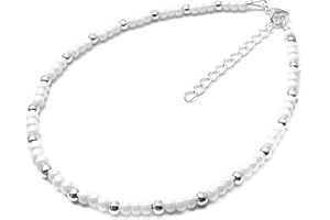 VILDA JEWELLERY Plus Size White Glass Bead Anklet with Silver Beads, Handmade Cute Summer Boho Design : Large - XXL 11-13 inches, 4mm Shimmery Beads, Wide Fit Jewellery