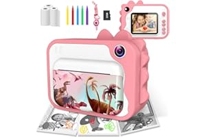 USHINING Caméra Enfants, Appareil Photo Enfants à Impression Instantanée, 2,4 Pouces 1080P écran Numérique pour 32GB SD Carte, Stylo 5 Couleurs, Cadeaux Garçon et Fille (Rose)