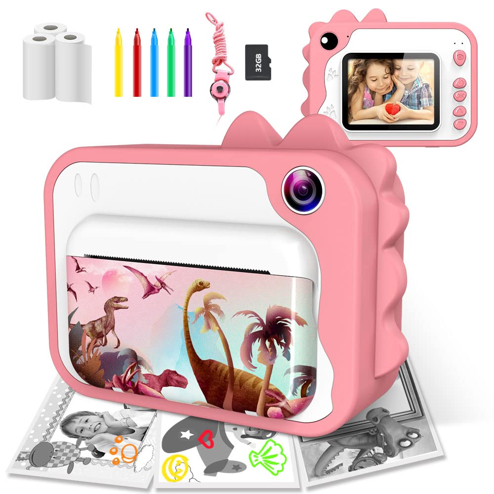 USHINING Instant Print Camera for Kids 12MP Digital Camera for Kids Aged 3-12 Ink Free Printing Video Camera for Kids 1080P 2
