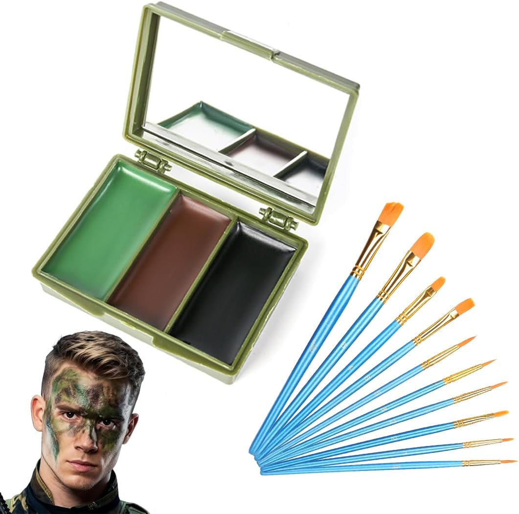 CFEWV 1 Set Pintura Para Camuflaje Facial, Pinturas Pintura Militar Para Mimetización Con Espejo Incorporado, Incluye 10 Pinceles De Maquillaje, Para Caza En La Naturaleza, Marrón Verde Negro(A)