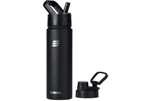 SUNWILL Metal Water Bottle with Straw Stainless Steel, 650ml Insulated Leakproof Thermal Flask for Cold and Hot Drink, Travel, Sports, Gym, Black