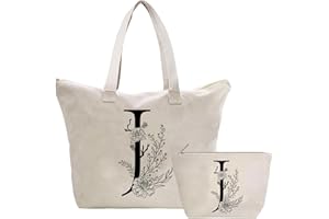TOOZEN Personalizadas Bolso Tote de Mujer con Inicial, Bolsa de lona con Bolsillo Interior, Bolsa de Compras con Bolso de Cosméticos, Regalos para Damas Mejor Amigas Mamá, Regalo Cumpleaños Navidad J