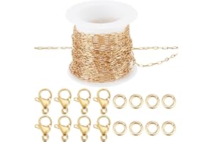 Beebeecraft 1 Rollo de 16.4 pies/5 m de Cadena de Acero Inoxidable Chapada En Oro de 18 Quilates con 304 Clips para Papel Cadena de Joyería con 10 Cierres de Pinza de Langosta Y 30 Anillos de Salto